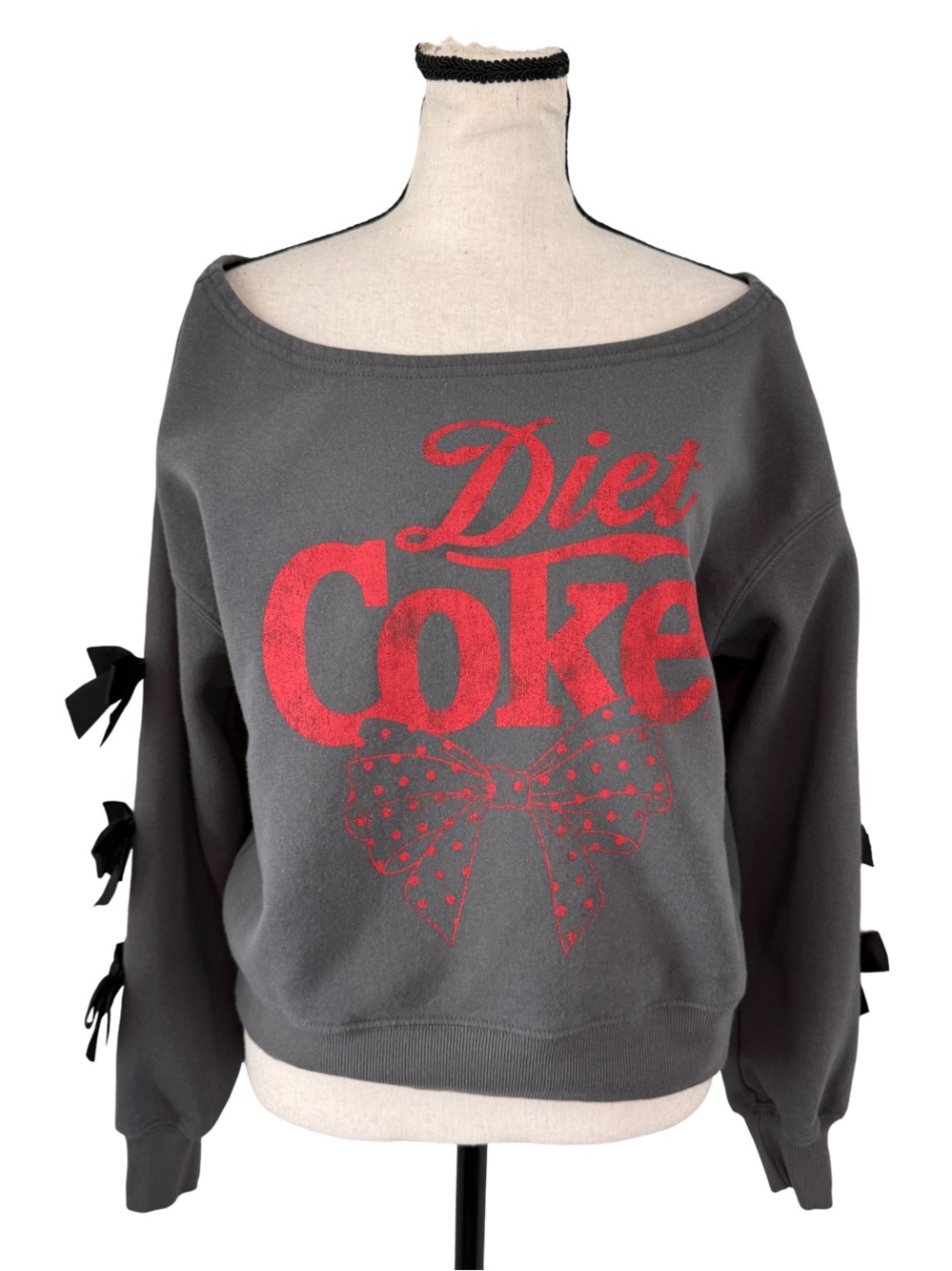 Coca Cola Diet Coke Bow Sweatshirt Gray Off Shoulder Ribbon Sleeve Small